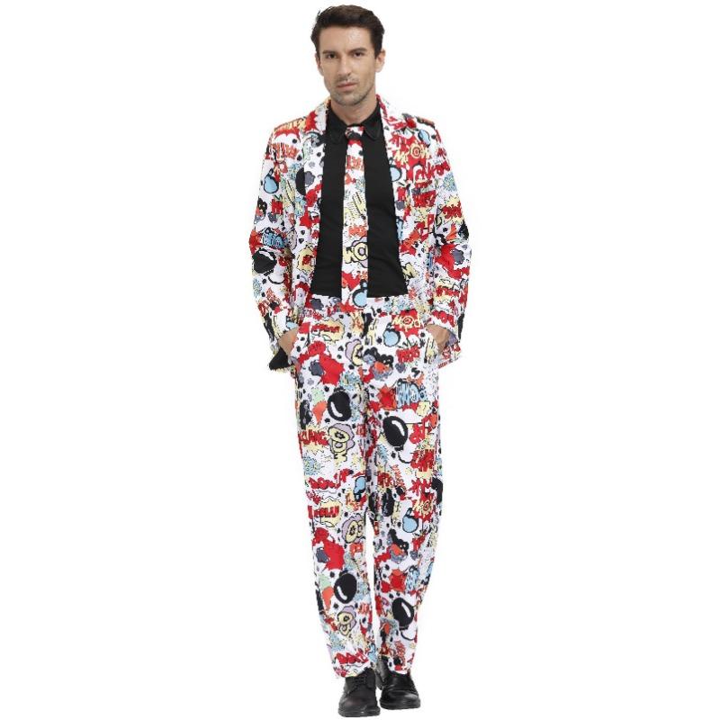 M-XL Men's Print Craze Suit Clown Costume, Halloween Holiday Disco Suit for Men