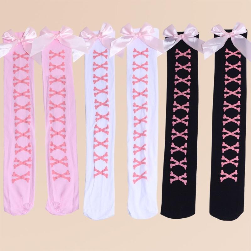 Women Skeleton Print Over Knee Long Socks Sweet Bowknot Thigh High Stockings for Halloween Cosplay Party Costume Hosiery