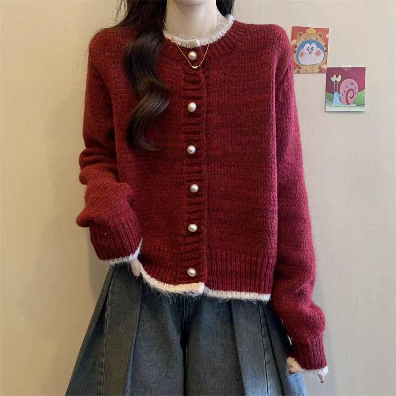 Short sweater jacket women's spring and autumn knitted cardigan button design color matching apricot top new love