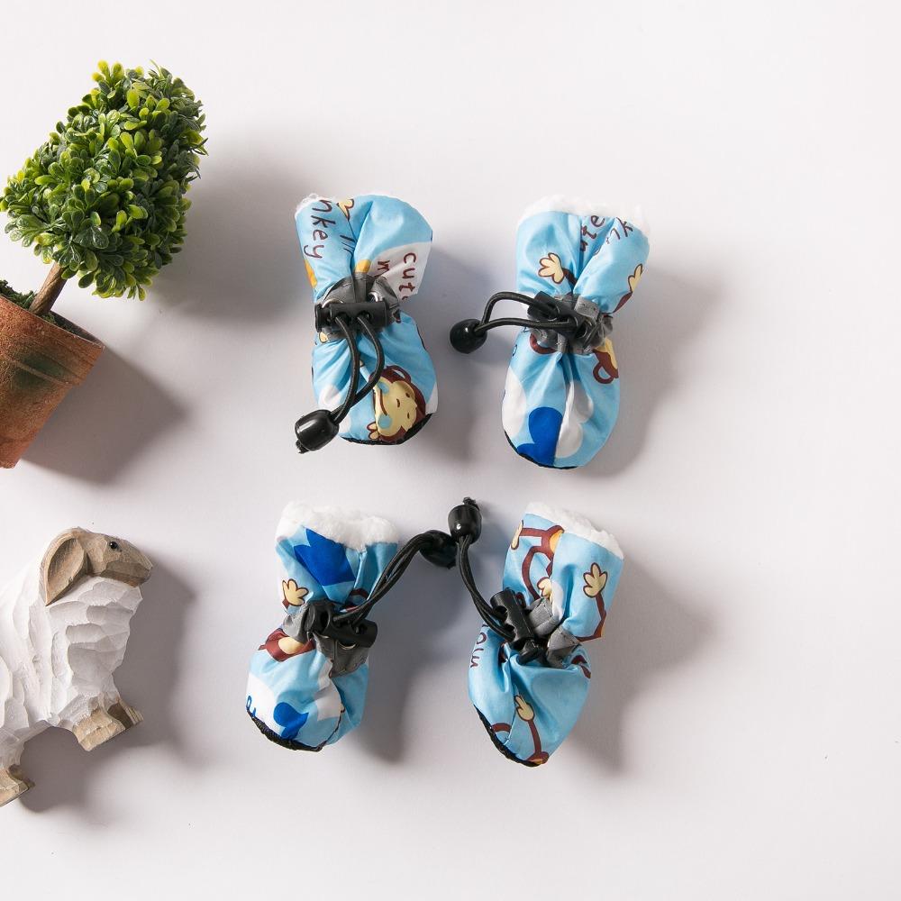 4 Pcs/set with Fleece Liner Pet Dogs Rain Boots Cartoon Small Puppy Sock Shoes  Autumn Winter 4