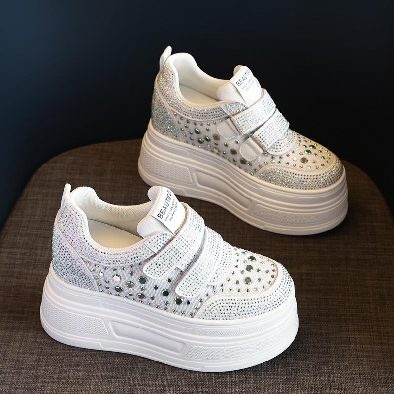 

HC3591-8 толстоподошвенные маффины на скрытой платформе, сетчатые белые туфли со стразами, женские весенние новые спортивные и повседневные туфли 37 белый