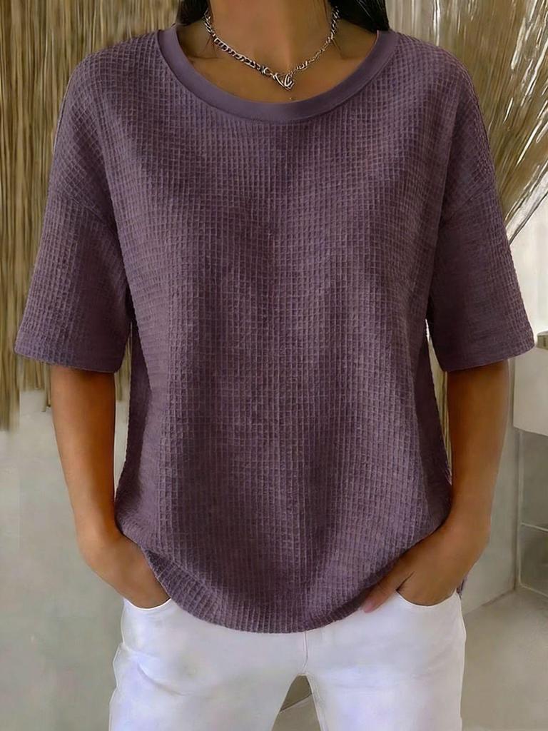 2026 Summer New Fashion: Simple Solid Color Waffle Knit Round Neck Short Sleeve Top