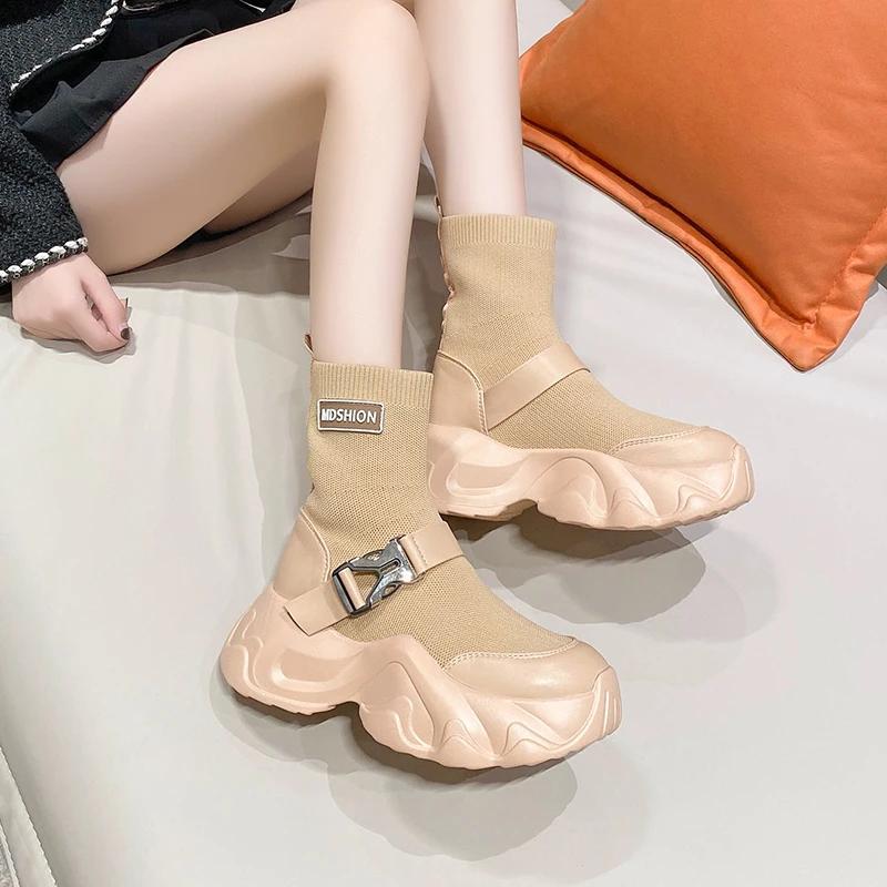 fashion Thick-soled Heightening Marton Boots for Women 2024 Autumn New Platform Casual Elastic Socks High-heeled Mid-calf Short Boots