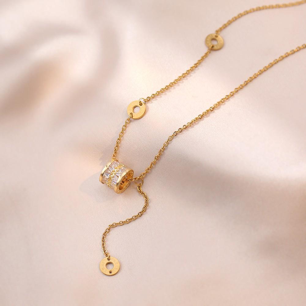 Titanium Steel Tassel Necklace with Diamond Inlay and Shiny Slim Waist Design for Women