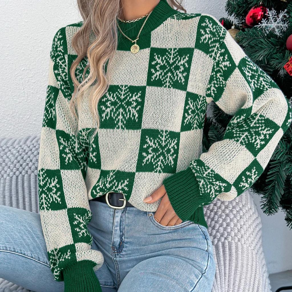 Autumn Winter Snowflake Checkered Knitted Sweaters Lantern Pullover Sweater Women's Christmas Sweater