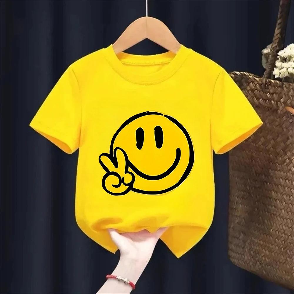 Kids Cartoon Smiley Face Print Shortsleeved Tshirt Casual and Versatile Style Suitable for Childrens Outings and Daily Wear
