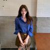 Fall Retro Blue Casual Shirt Women Loose Fit Comfortable Long Sleeve Blouse
