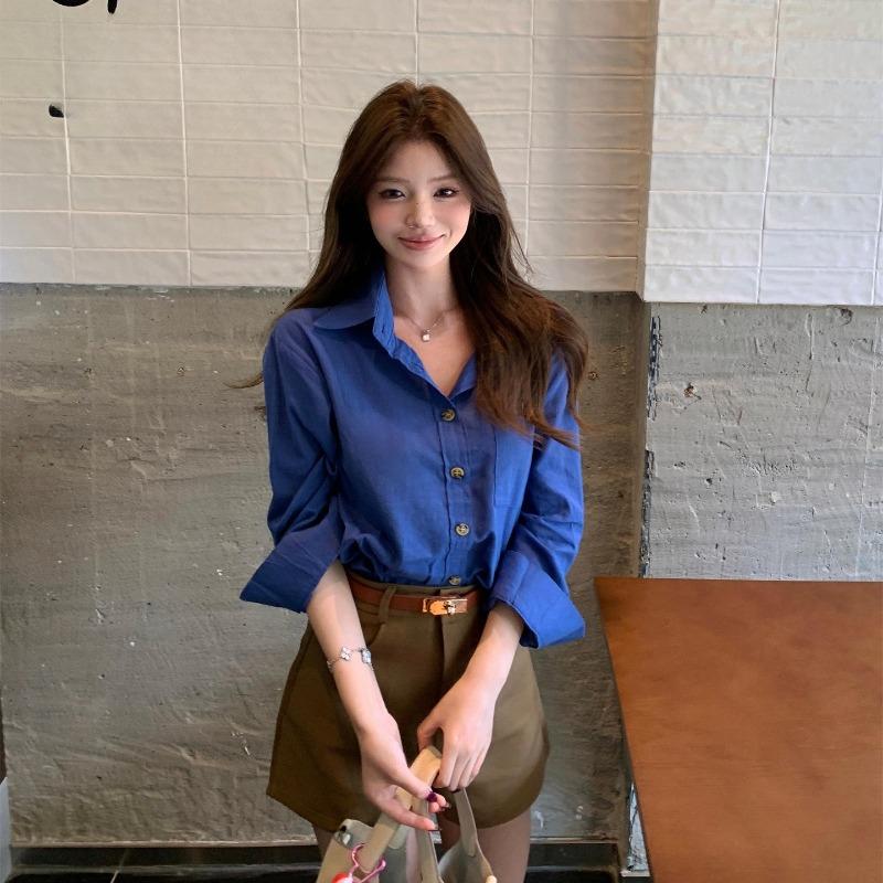 

Осенняя ретро синяя повседневная рубашка женская свободного кроя удобная блузка с длинным рукавом L синий