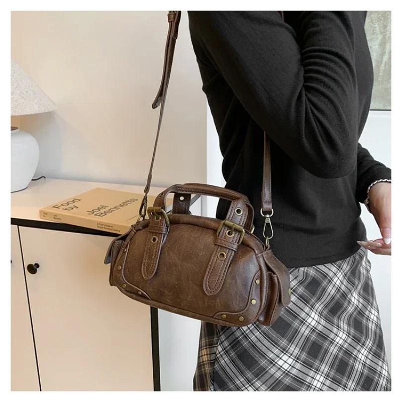 Maillard-Boston feminine bag  retro motorcycle bag  versatile mini bag  crossbody manual bag
