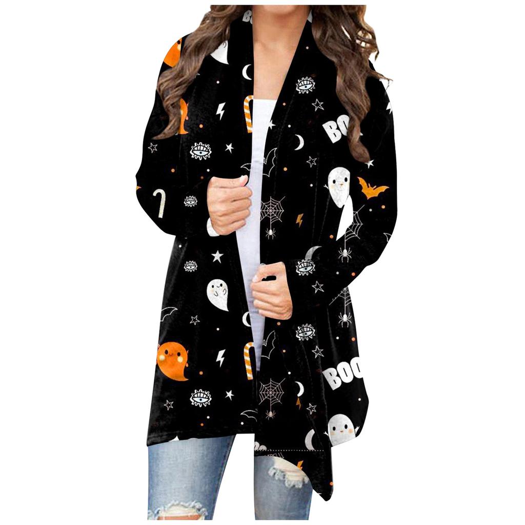 Cappotto da giacca cardigan di media lunghezza con stampa casual di Halloween alla moda da donna