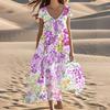 Women's Summer Fashion V-Neck Beach Long Short Sleeve Floral Printed Dresses
