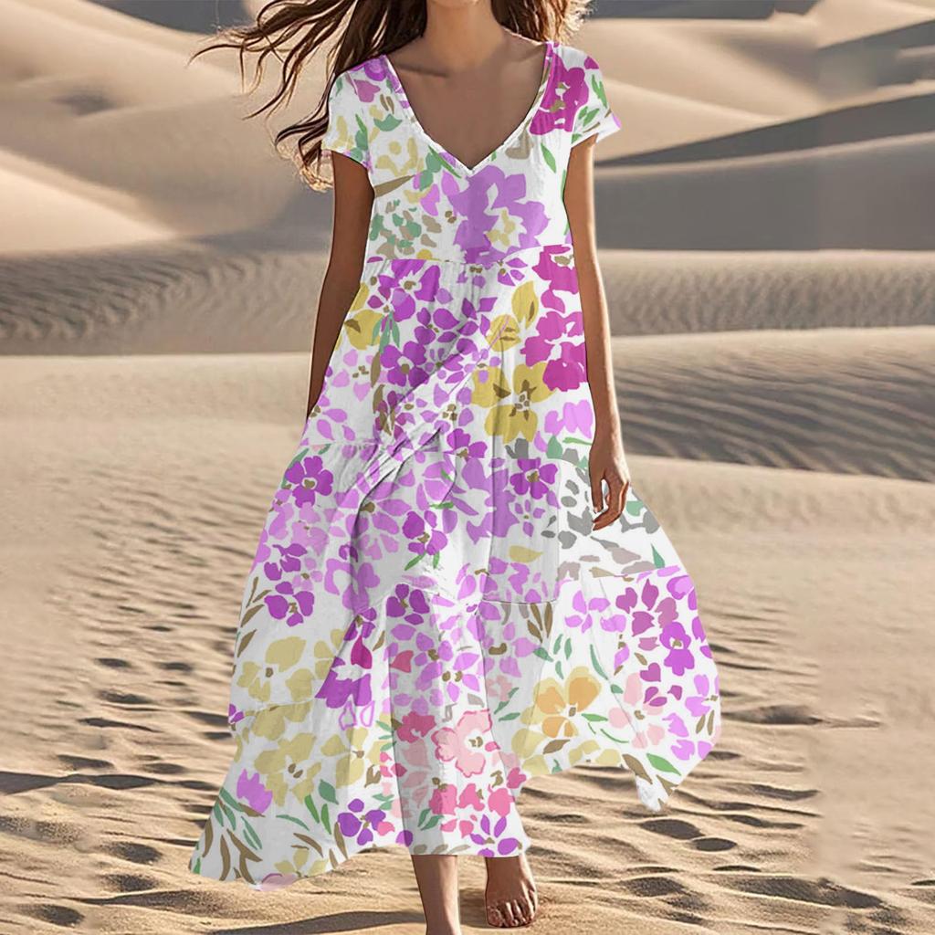 Women's Summer Fashion V-Neck Beach Long Short Sleeve Floral Printed Dresses
