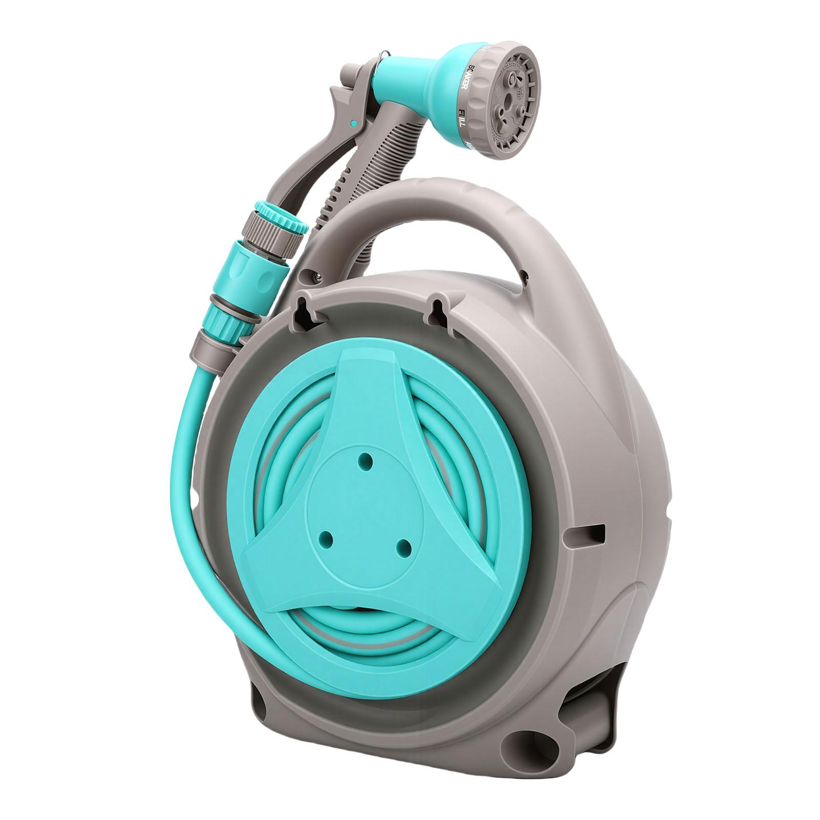 15M Portable Garden Hose Reel with Nozzle Handheld Water Hose Holder Reel for Outdoor Watering Green