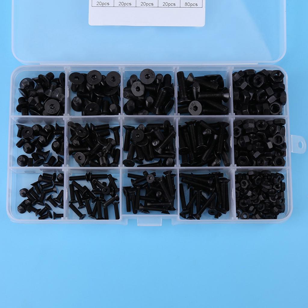 440pcs Alloy Steel M3 M4 M5 Hex Socket Flat Head Screw Nut with Plastic Case