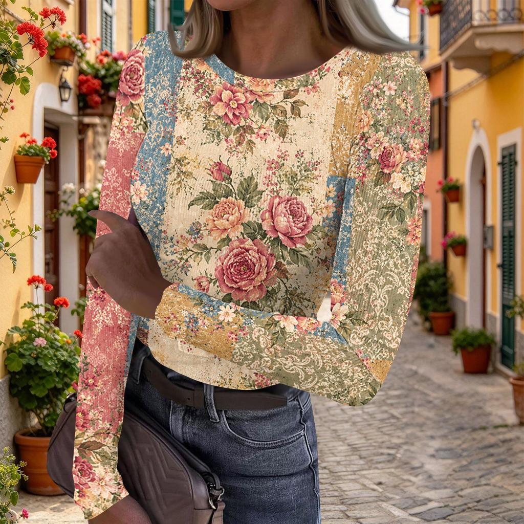 Women's Casual Vintage Floral Print Long Sleeve Top
