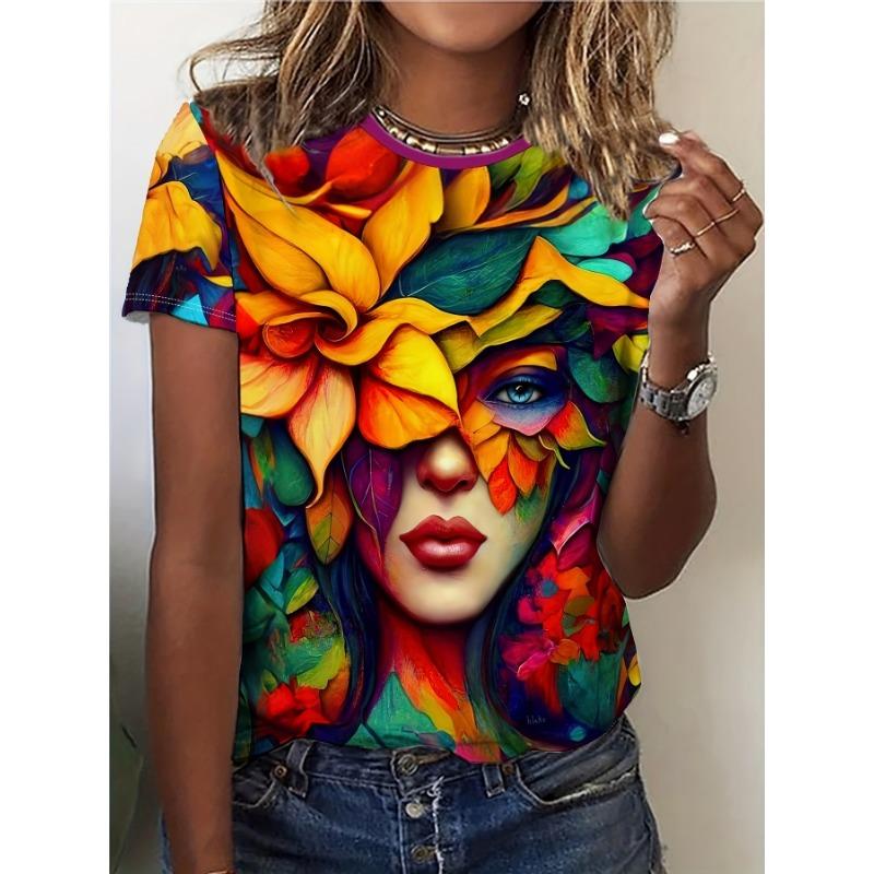 

Graphic Printed Round-neck T-shirt, Casual Short-sleeved Top for Spring and Summer, Women s Clothing XL