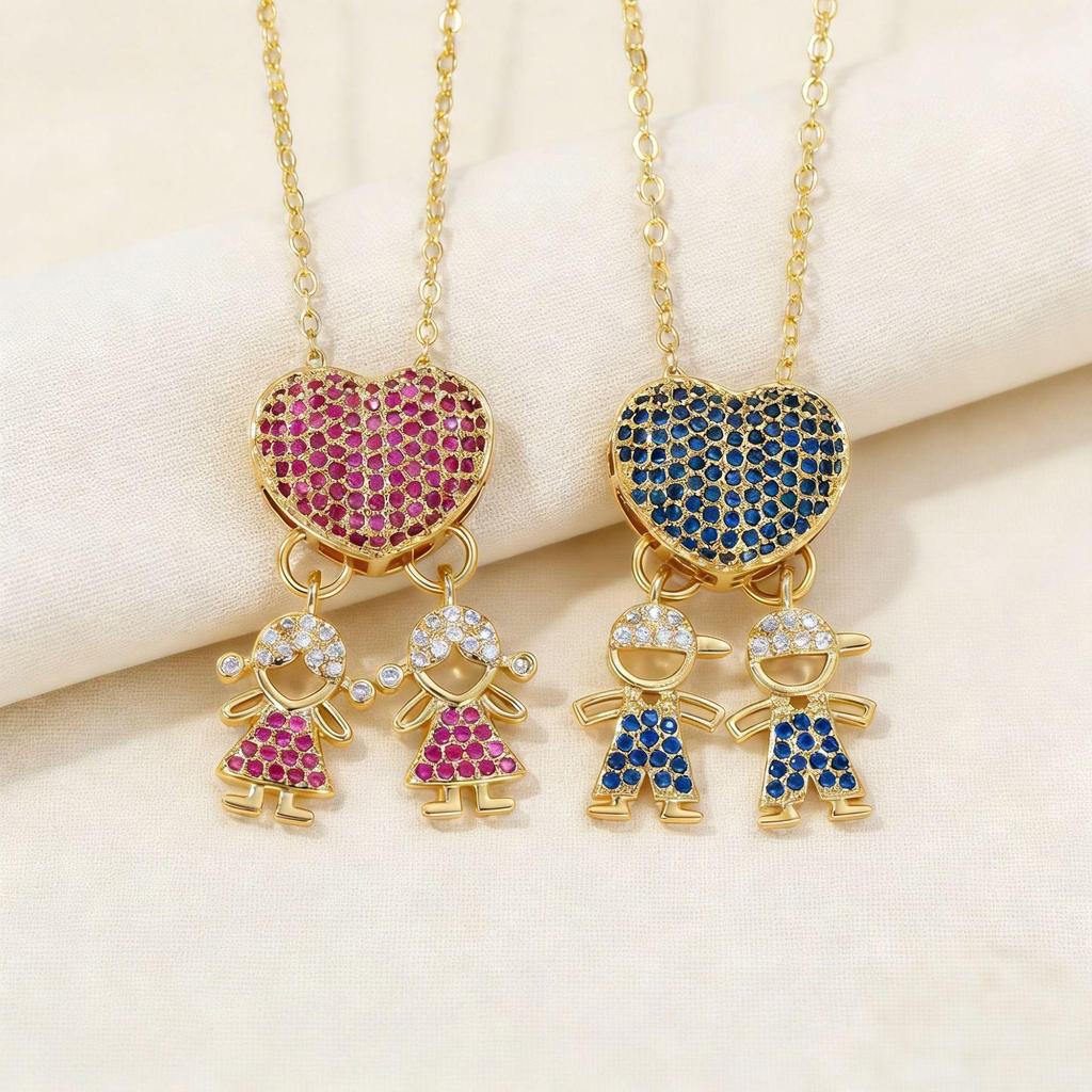 Gold-Plated Copper Heart Family Necklace with Colorful Zircon Pendant - Unisex Design