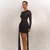 New Style European & American Mesh Spliced Ribbon Slim Fit Long Sleeve Dress - Solid Color, Sexy & Hip-Hugging