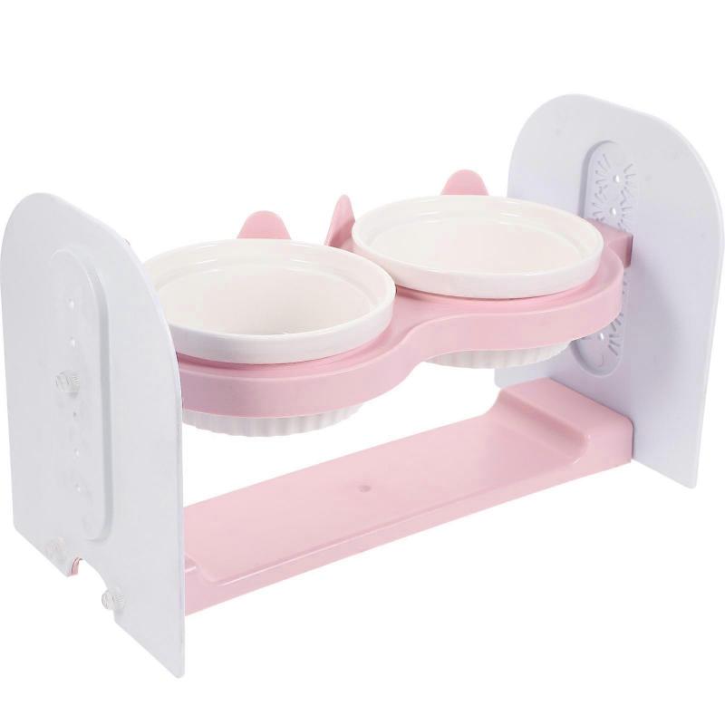 Ceramic Cat Food Bowl Double Bowls Protect Neck Health Pink 1Set