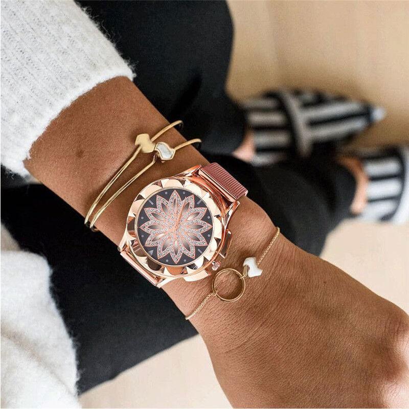 Gold Rose Crystal Flower Women Watches Ladies Quartz Alloy Mesh Watch New