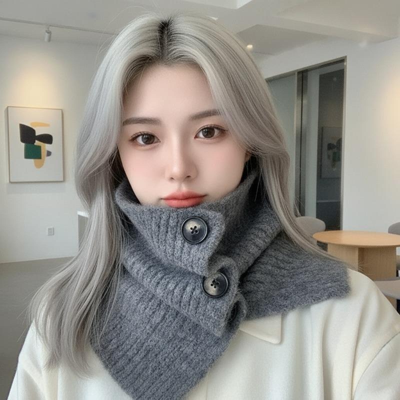 New neck cover women's autumn and winter scarf, Korean version of solid color cold-proof and warm neck protection shawl, knitted button scarf
