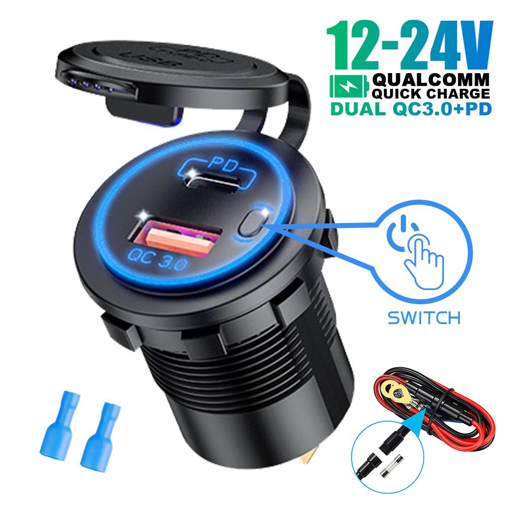 60W Quick Charge Car Charger QC3.0 USB+PD Type C Port Cigarette Lighter Socket Voltmeter Auto Power Adapter for 12V/24V Vehicle