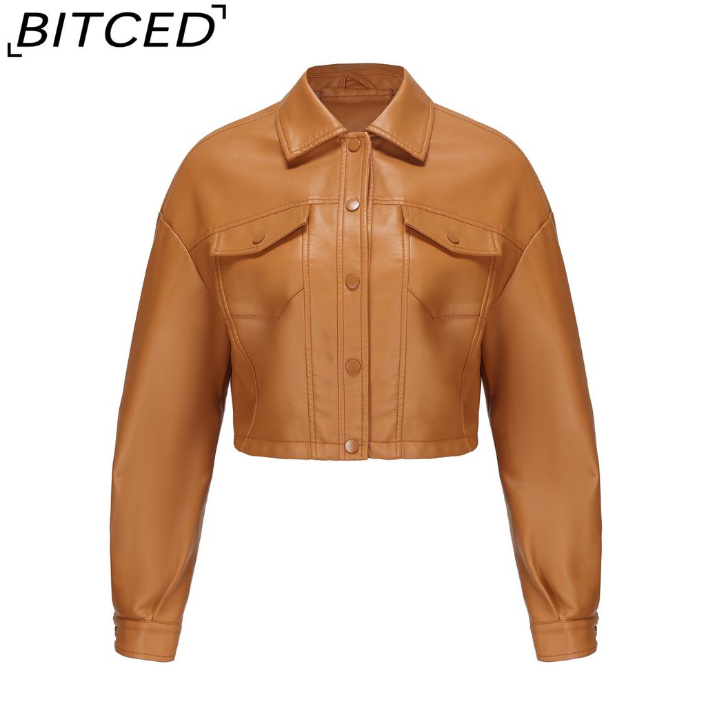 BITCED Spring/Autumn Loose-Fit Casual Leather Jacket for Women Long-Sleeved Single-Breasted Short-Length Jacket