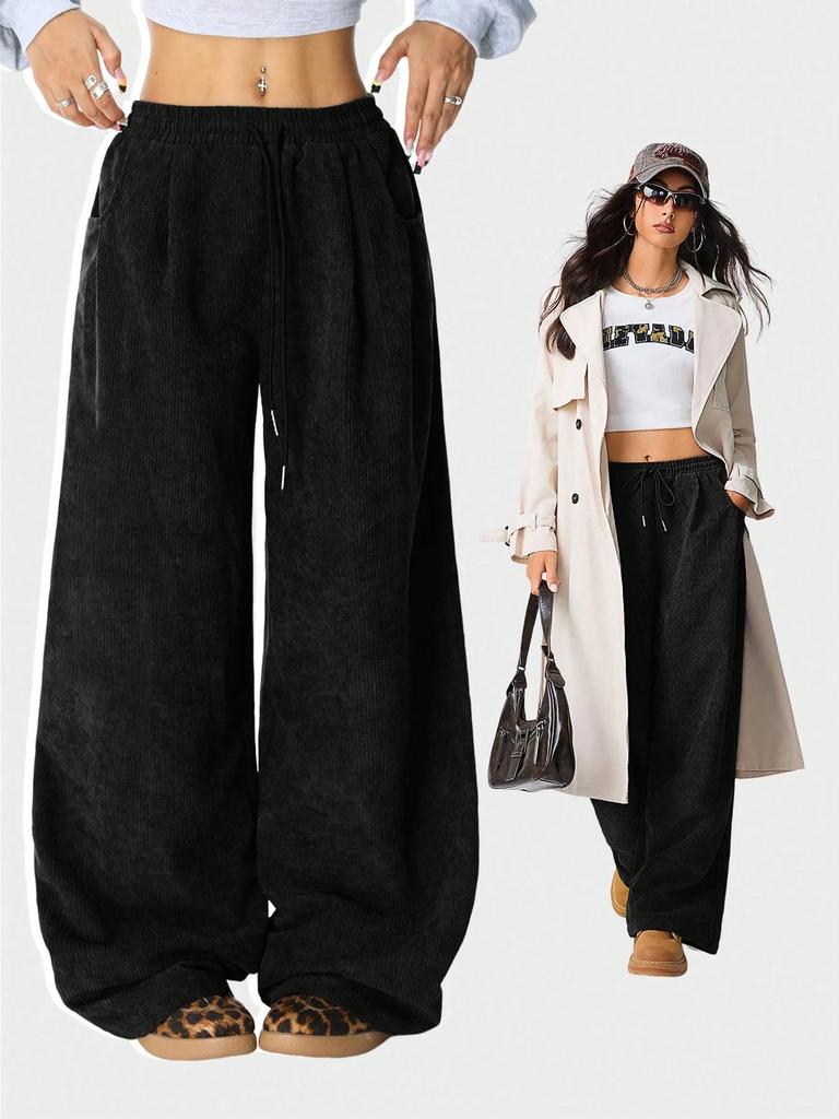 Women's Corduroy Wide Leg Pants with Drawstring Waist Casual Loose High Waist Trousers