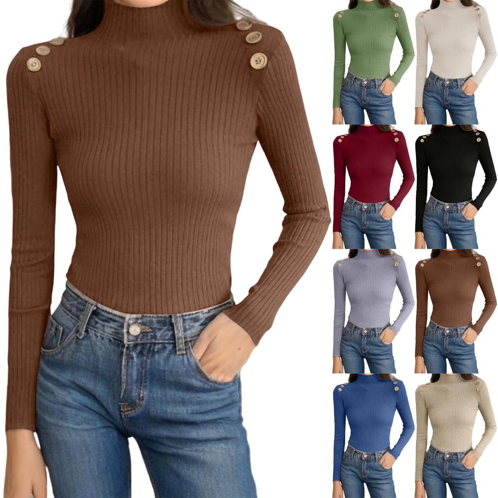 Women's Fashion Slim Button Top Half Turtleneck Knitted Bottoming Shirt
