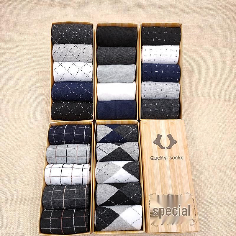 Men's Autumn/Winter Business Mid-Calf Socks - 5 Pairs, Polyester Cotton, Solid Colors, Casual Style