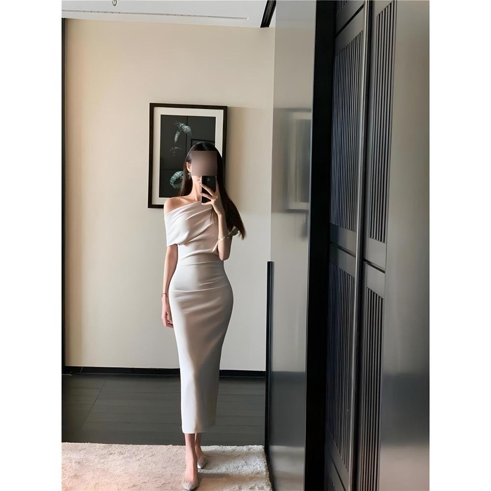 Off-Shoulder Casual Waist Temperament Pleated Dress Women's Summer Small Dress Long Dress Dress Clothes
