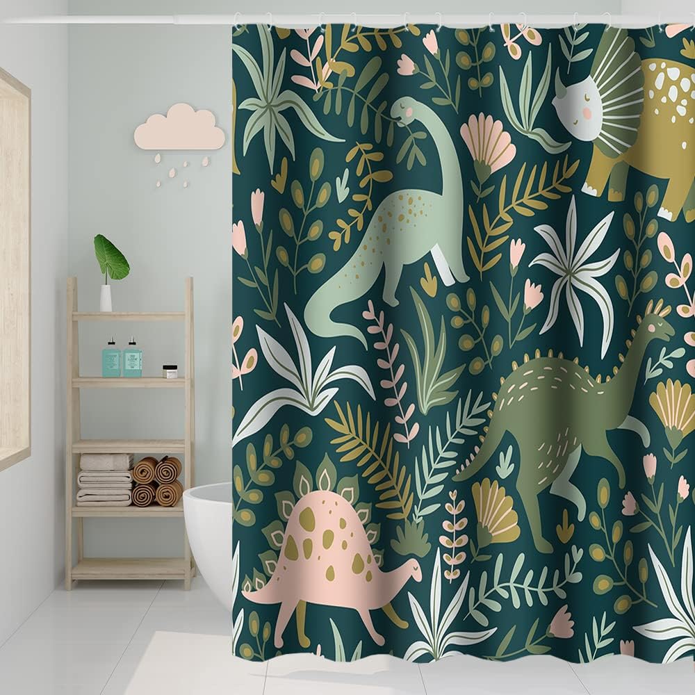 Cartoon Dinosaur Shower Curtains Colorful Cute Dino Funny Animals Pattern for Kids Neutral Shower Curtain Waterproof Fabric
