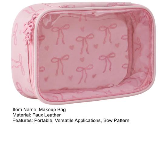 Pink Bow Makeup Bag Portable Cosmetic Pouch with Transparent Window Zippered Travel Cosmetic Organizer for Business Trip Vacation