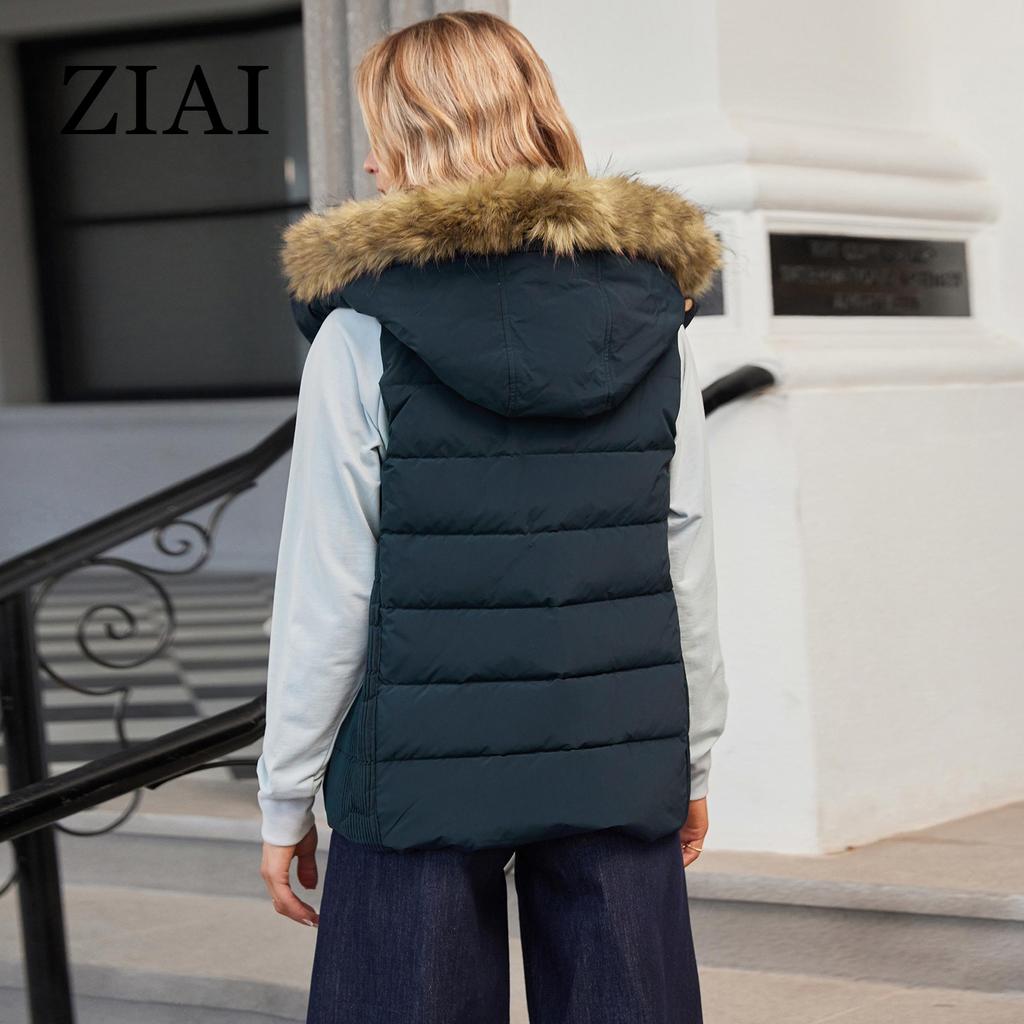 ziai New Women Down Vests Sleeveless Fur Collar Hood Puffer Jacket Girl Windproof Quilted Parka Coat Slim Female Outerwear ZR-L006