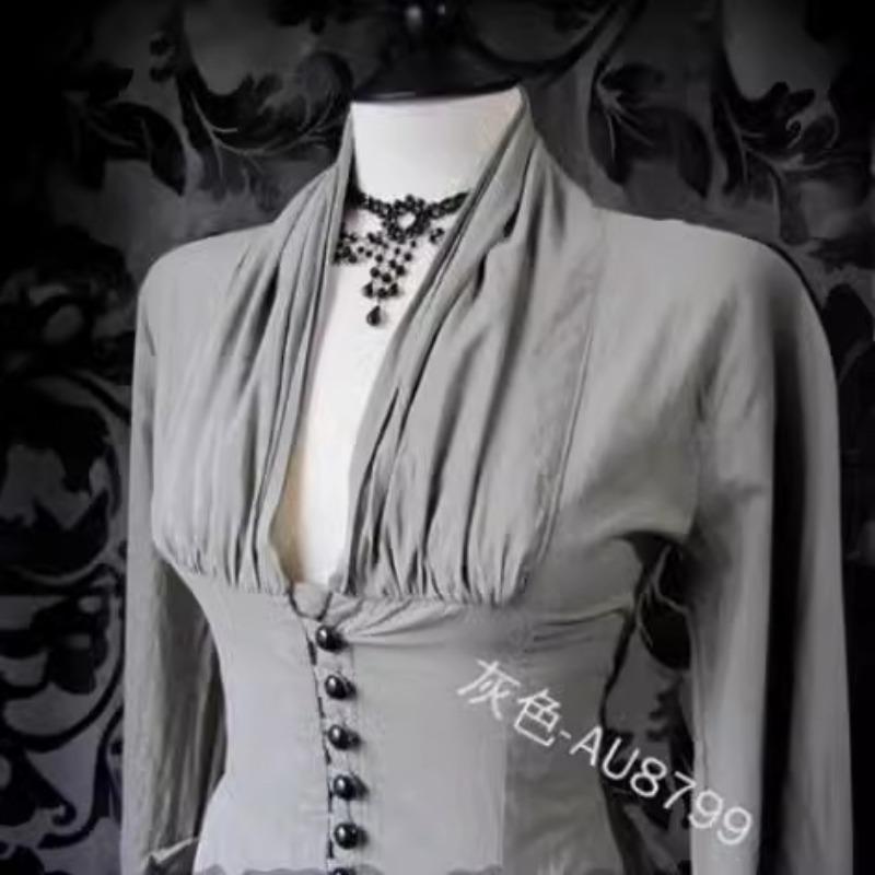 Summer Women's Solid Colour Temperament V-Neck Buttoned Long Sleeve T-Shirt