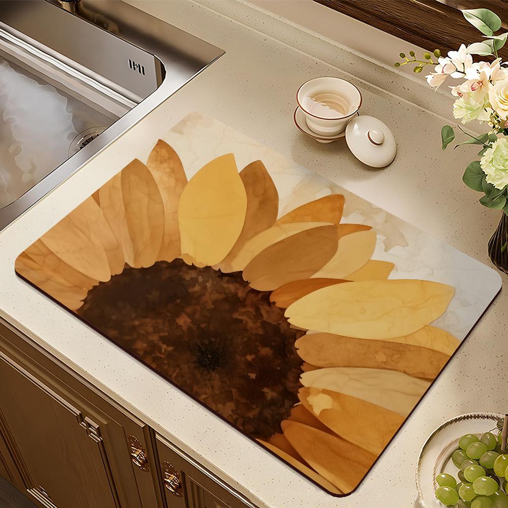Yellow Sunflower Retro Draining Pad Drying Mat For Kitchen Bar Coffee Dishes Rubber Quick Drying Water Absorbent Anti-slip Mat
