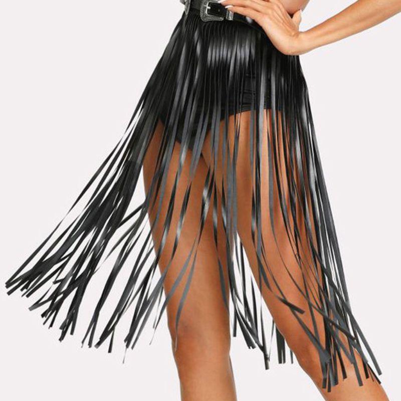 Womens High Waist Faux Leather Tassels Skirt Body Harness Punk Party Clubwear Charm Center Confident Dance