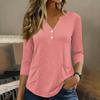 Womens 34 Sleeve V Neck Henley Pullover Top with Button and Front Pockets for Casual Daily Wear