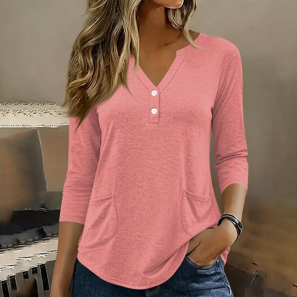 Womens 34 Sleeve V Neck Henley Pullover Top with Button and Front Pockets for Casual Daily Wear