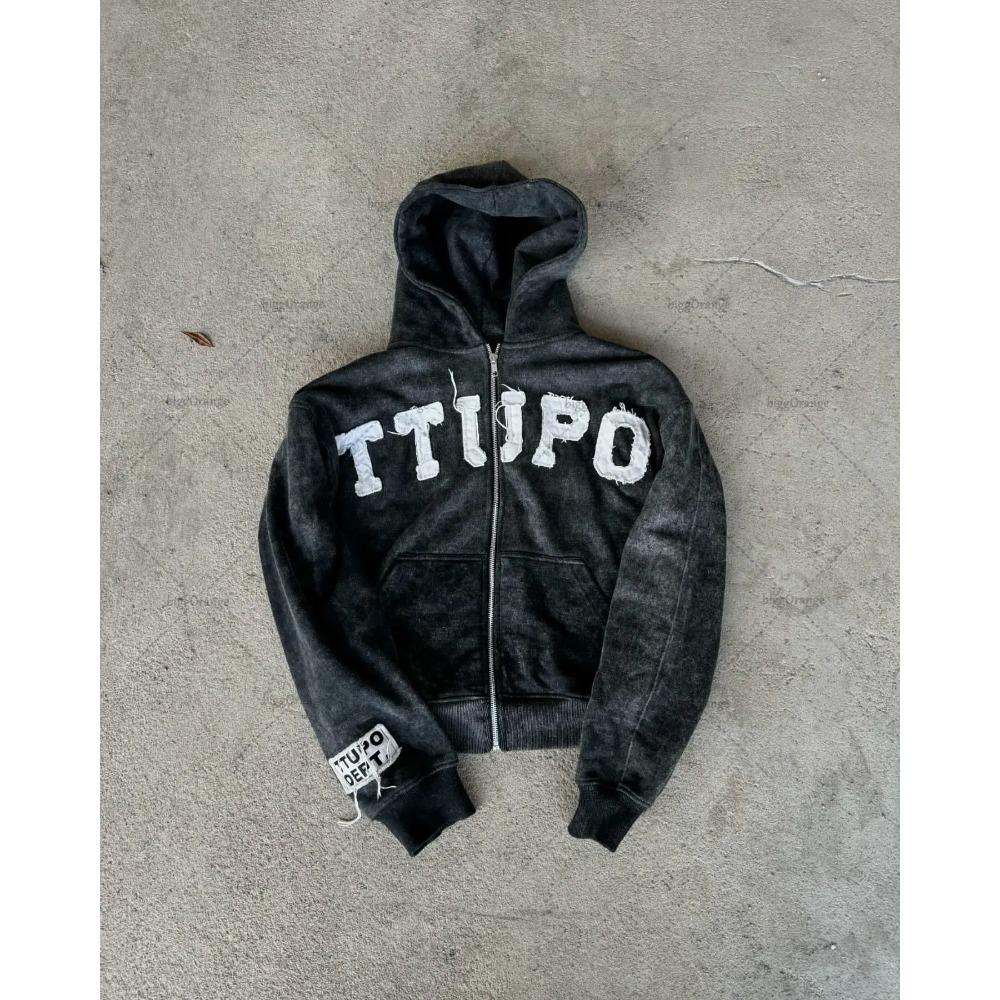 

Жіноча толстовка великого розміру з вишивкою літерами Y2K Американський ретро-одяг Вулична мода Світшот на блискавці S