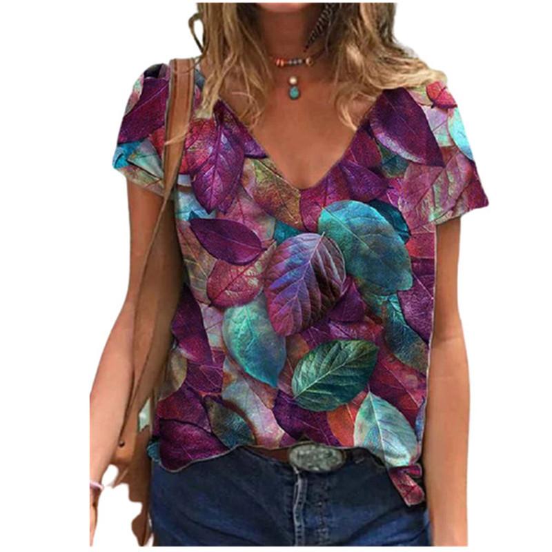 Summer V-neck Colorful 3D Printed Flower Pattern Top Fashionable Casual Short Sleeved Women's T-shirts
