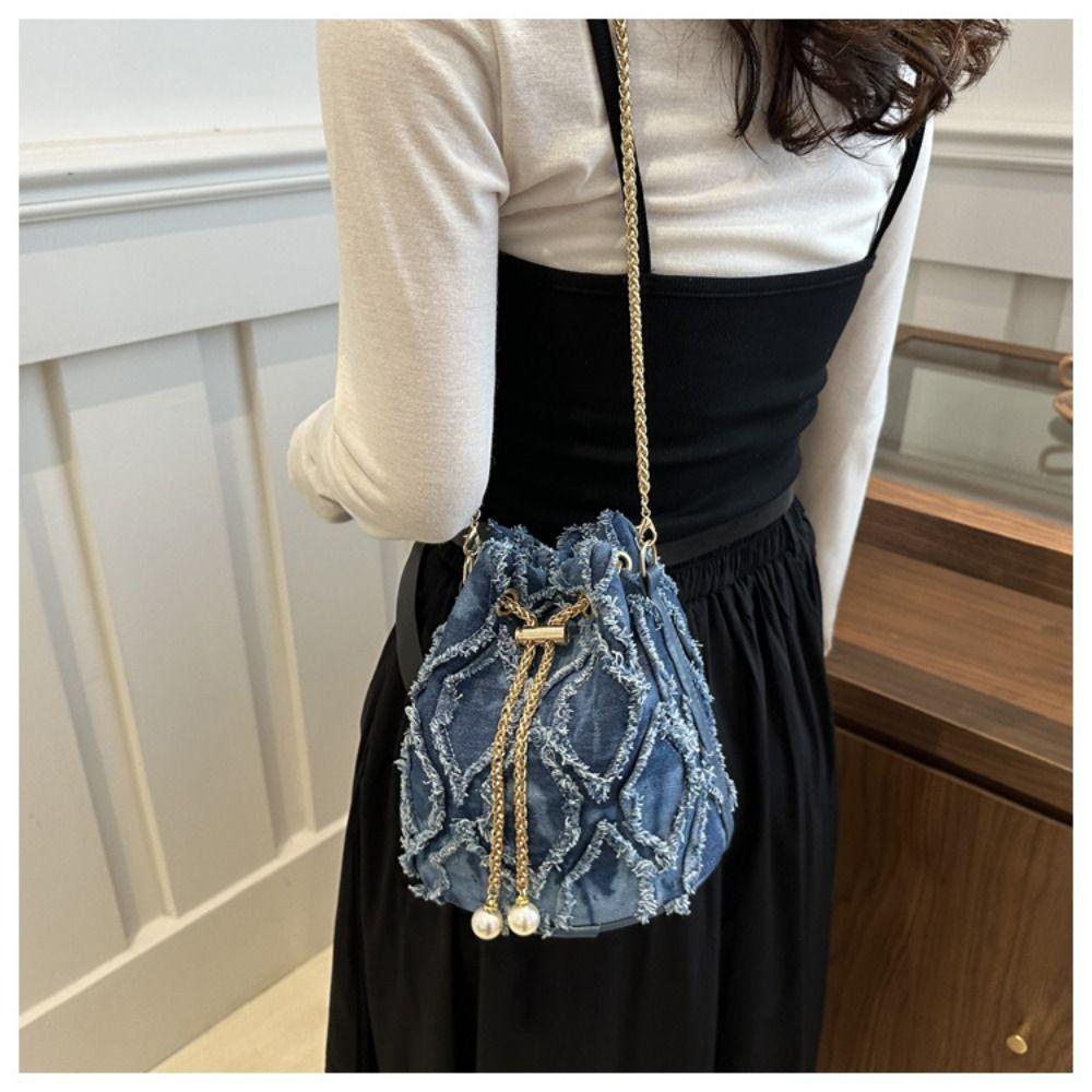 French Pearl Denim Bucket Bag Chain Small Purse Tassel Denim Crossbody Bag Handbag Korean Style Cloth Shoulder Bag Wedding