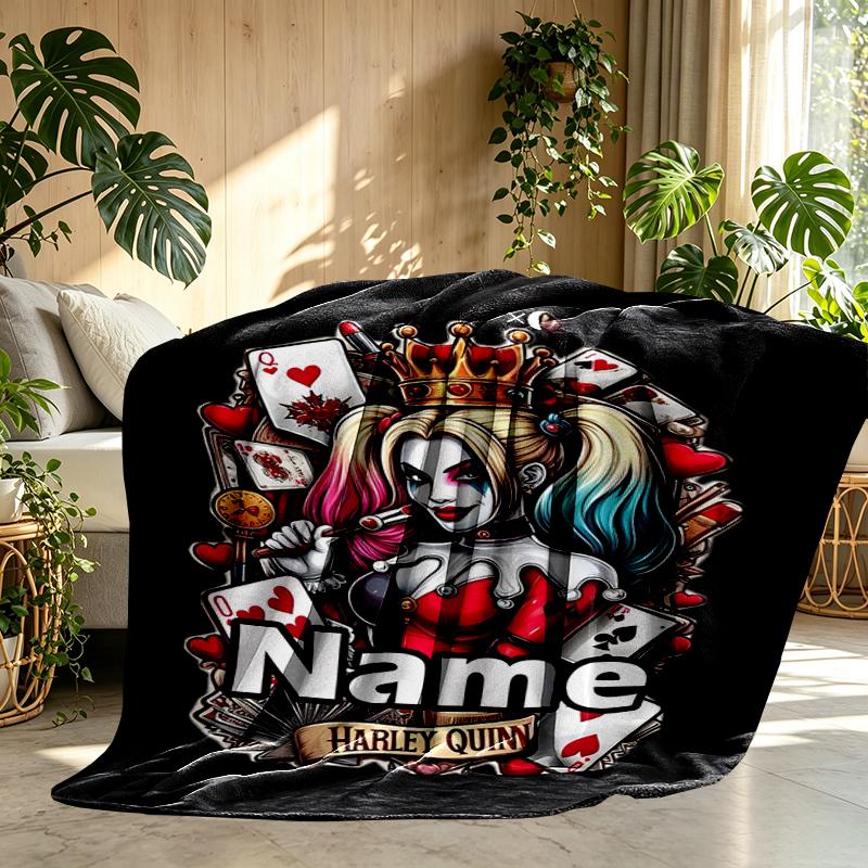 Custom Name Personalized Harley Quinn Joker Print Blanket, Home Decor, Bedroom, Sofa, Camping, Couch, Gifts for Birthday Christmas