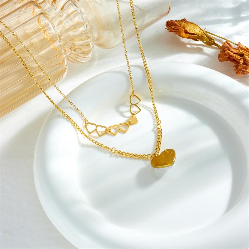 Fashion Creative Two Layer Layering Hollow Double Heart Pendant Chain Pearl Heart Necklace