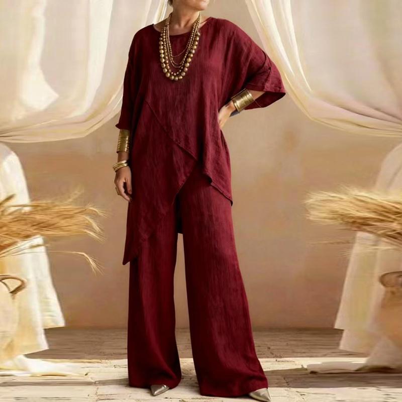 Summer Half Sleeve Irregular T Shirt Loose Wide Leg Pants Suit Women Casual Two Piece Set Cotton Linen Outfits