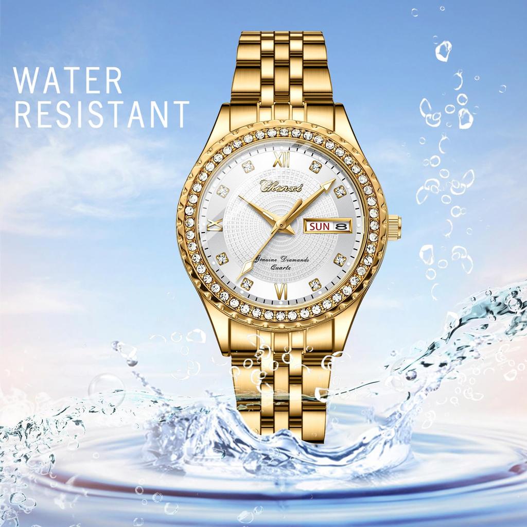 Stylish Stainless Steel Watch In Analog 3ATM Water Day Quartz Fashion Accessory Perfect Gift for or Lover Women's Gold Display, Calendar, Resistance,