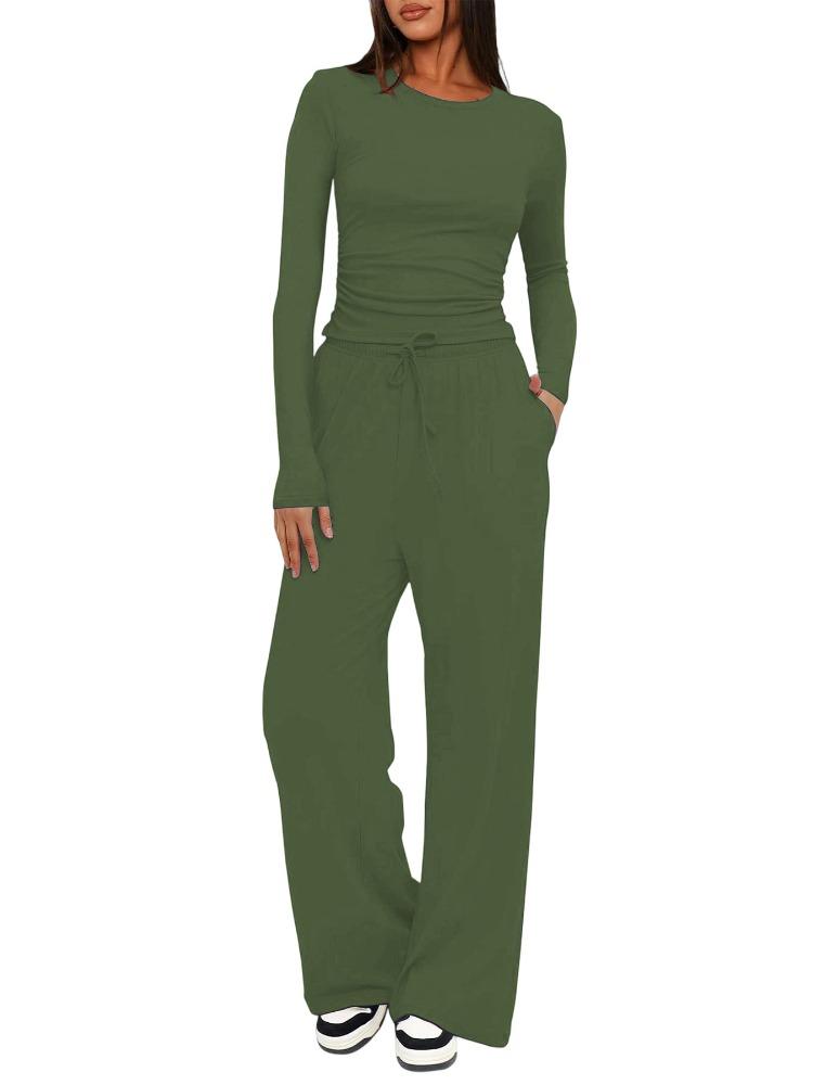 Solid Color Casual Long Sleeve Set Top High Waisted Wide Leg Pants Sportswear