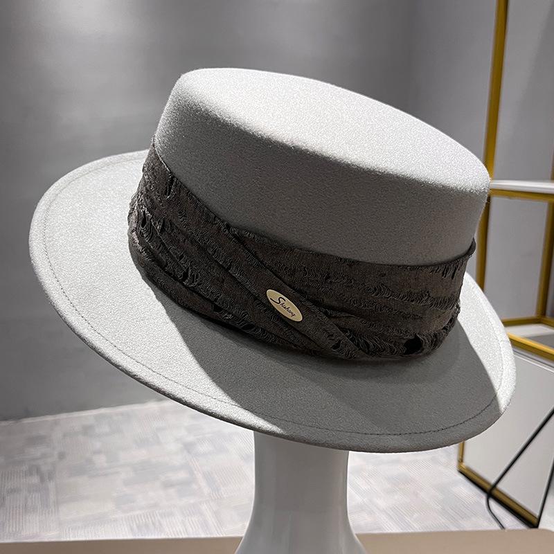 Spring and Autumn Versatile Women's Retro Wool Flat Top Hat British Style Literary French Elegant Temperament Top Hat