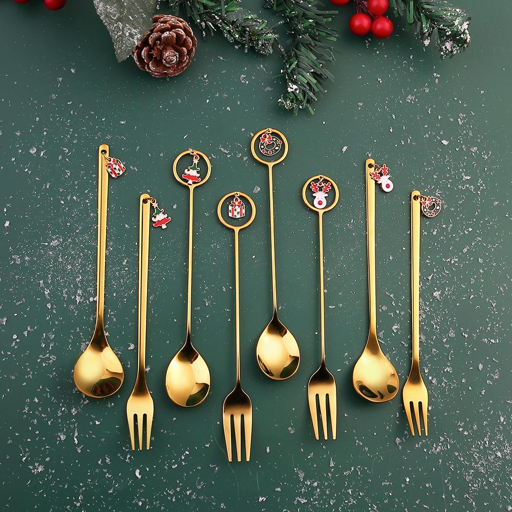 HANYANG Stainless Steel Christmas Dessert Spoon and Fork Gift Set Fruit Fork Father Christmas Coffee Spoon Hotel Household Tableware