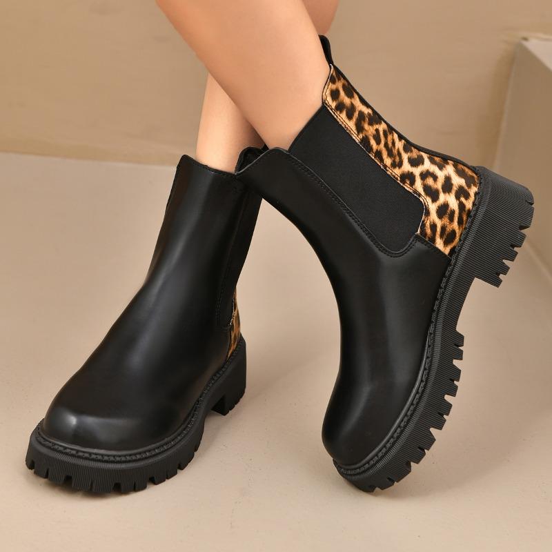 Platform Leopard Print Boots Women's Season Autumn New Retro Round Toe Splice Slip Platform Soft Sole Kitten Heels